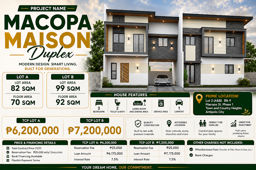 NO DOWN!!! 3BR Pre Selling Duplex For sale in Town and Country Heights Antipolo Rizal - Media Image Asset Panel Sub-No 1