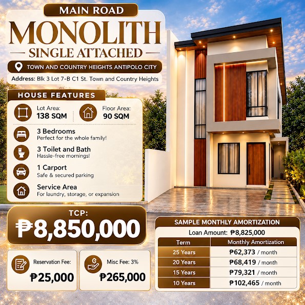 Pre Selling 3BR Single Attached House and lot in Town and Country Heights Antipolo Rizal - Media Image Asset Panel Sub-No 1